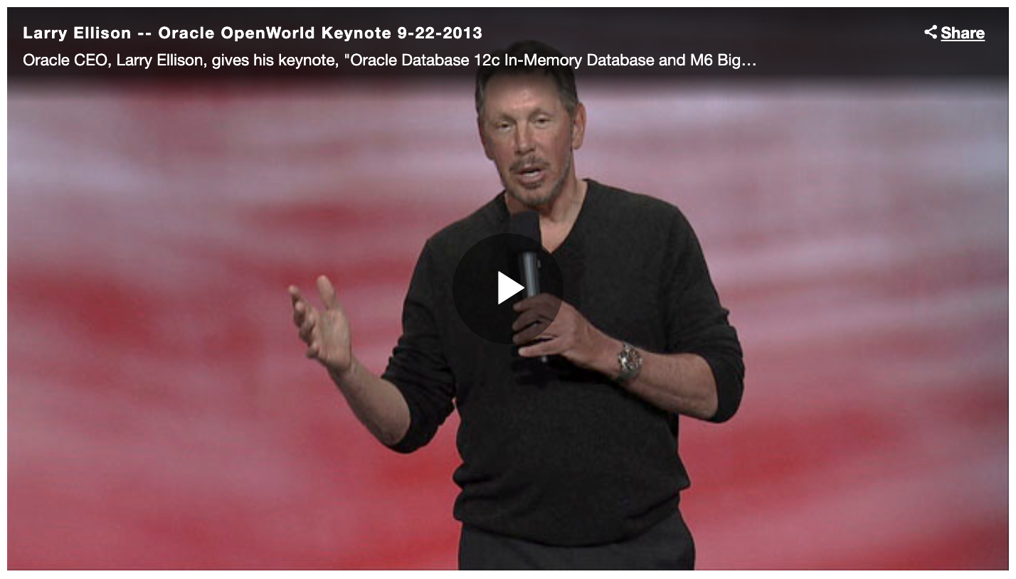 Oracle CEO, Larry Ellison, gives his keynote, "Oracle Database 12c In-Memory Database and M6 Big Memory Machine" at Oracle OpenWorld 2013.