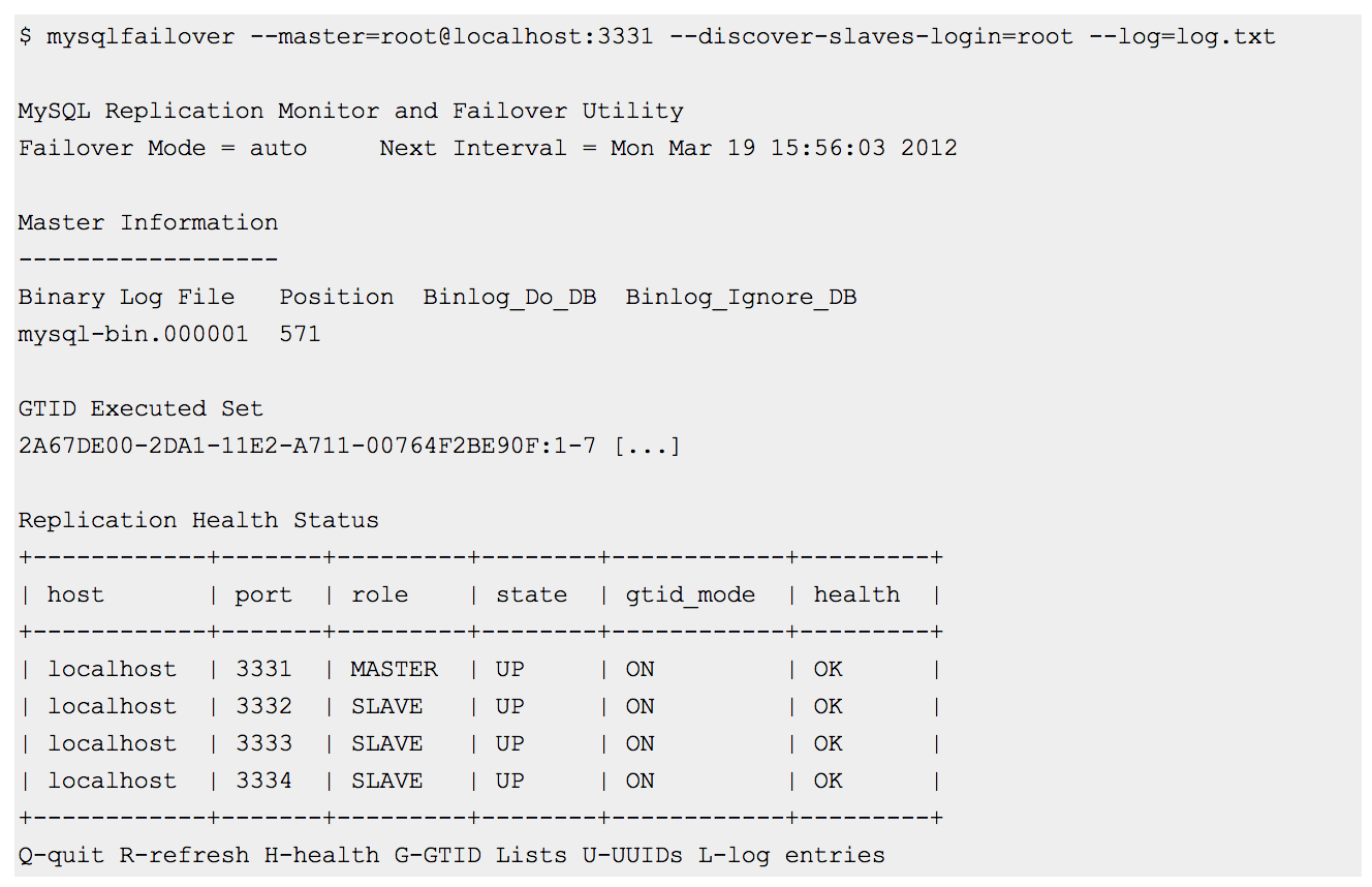 A sample mysqlfailover command. The result displays the replication health status of each port.