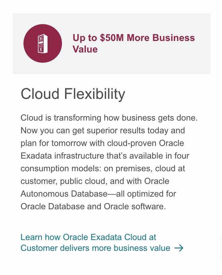 Cloud is transforming how business gets done. Now you can get superior results today and plan for tomorrow with cloud-proven Oracle Exadata infrastructure.