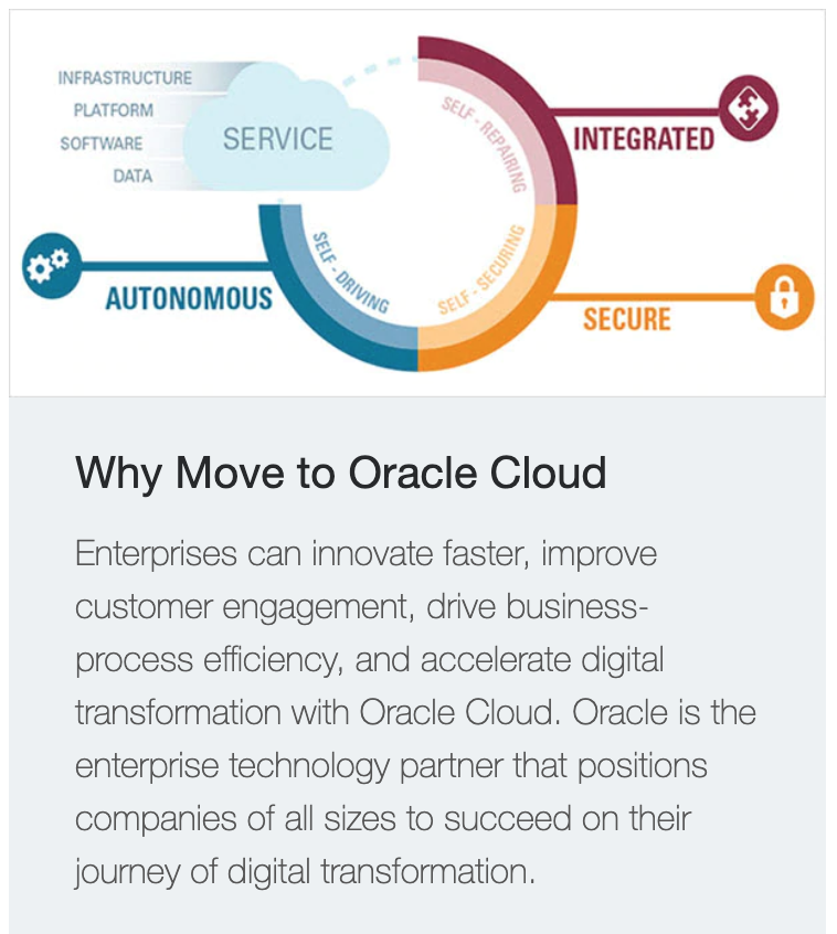 Oracle Database Cloud Service can be tightly integrated with other Oracle Cloud Services, such as Java, Storage and Computing.