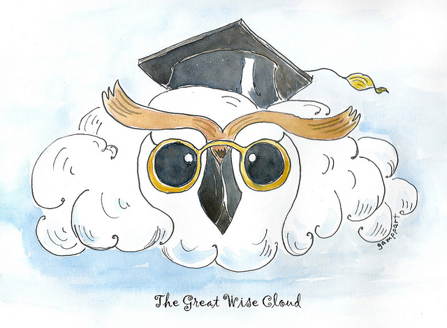 A cartoon caricature of cloud computing drawn like Albert Einstein with eyeglasses and graduation hat.